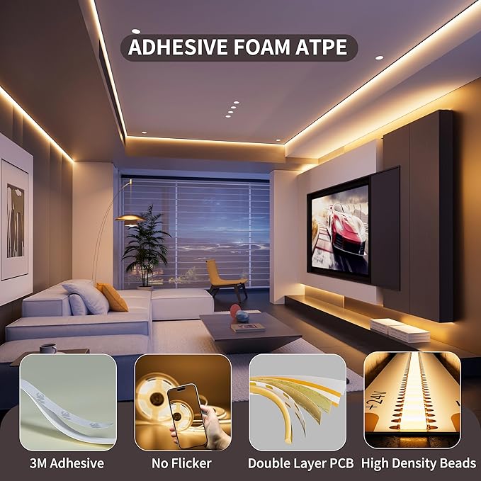 PAUTIX Warm White LED Strip Light 24V LED led Light Strip with Remote,3000K Super Bright 16.4ft/5m cob led Strip Light Dimmable Timer for Bedroom,Kitchen,Mirror,Cabinet,Shelf