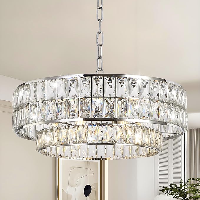 20 Inch Contemporary Luxury Crystal Chandelier, 6-Light Chrome Semi-Flush Mount Ceiling Fixture, Round Crystal Pendant Design Perfect for Living Room, Dining Room, Kitchen, Foyer & Bedroom