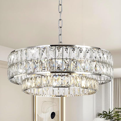 20 Inch Contemporary Luxury Crystal Chandelier, 6-Light Chrome Semi-Flush Mount Ceiling Fixture, Round Crystal Pendant Design Perfect for Living Room, Dining Room, Kitchen, Foyer & Bedroom