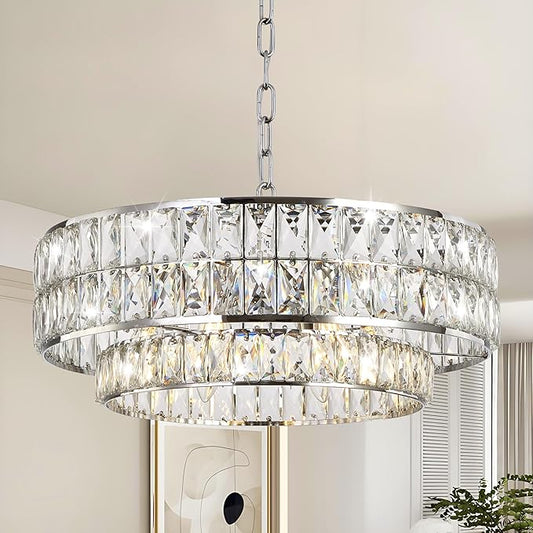 20 Inch Contemporary Luxury Crystal Chandelier, 6-Light Chrome Semi-Flush Mount Ceiling Fixture, Round Crystal Pendant Design Perfect for Living Room, Dining Room, Kitchen, Foyer & Bedroom