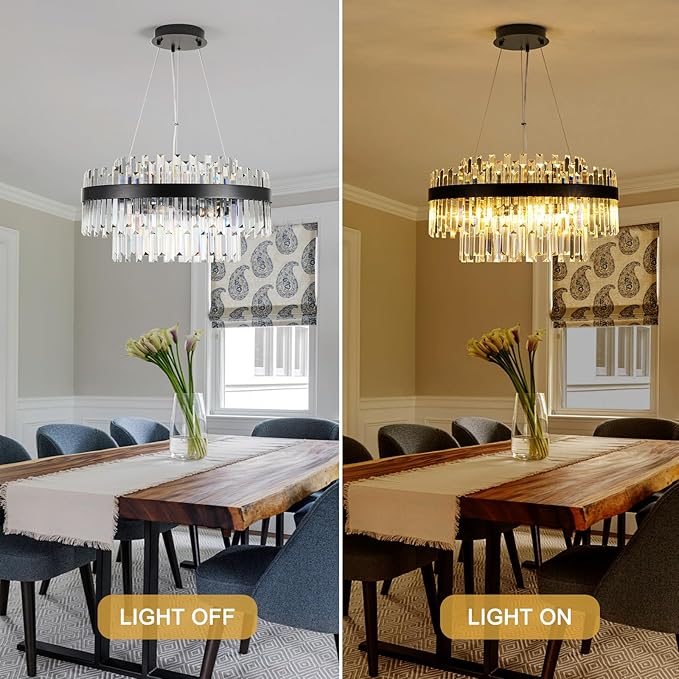 Modern Luxury Black Crystal Chandelier, 9-Light 2-Tier Round Raindrop Adjustable Flush Mount Pendant Light for Dining Room,Living Room,Kitchen,Entryway, Foyer - 23.6" D, E12 Base