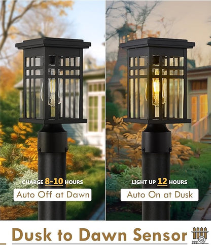 Solar Lamp Post Light, HWH 12 Inch Black Exterior Post Light for Yard Garden with Remote Control, Die-Cast Aluminum with Clear Glass Shade, 5HD36P SL BK