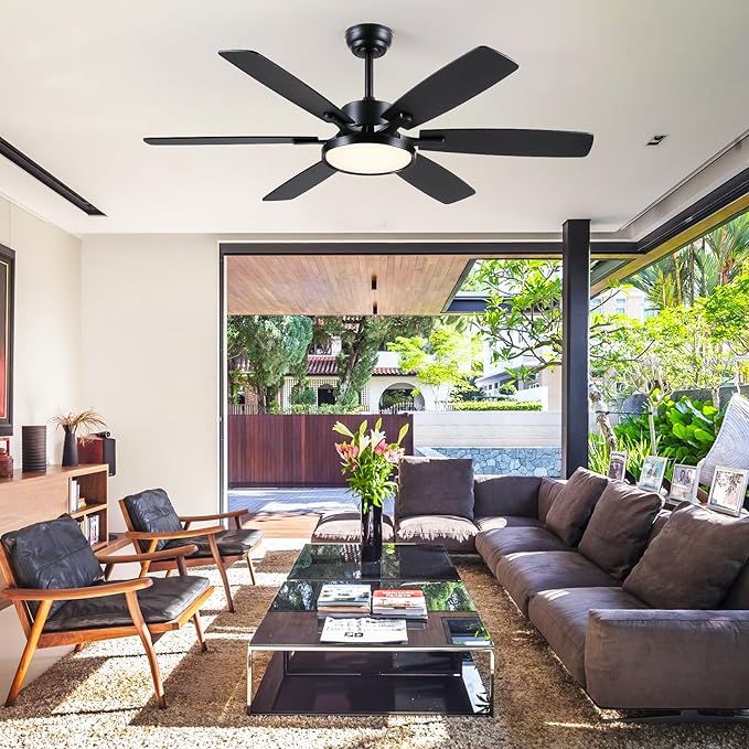 Hounberi 52 Inch Ceiling Fans with Lights and Remote, Modern Black Ceiling Fan with Light, Quiet DC Reversible Motor, 3CCT Dimmable LED Light, Black & Wood Hanging Fan for Bedroom, Living Room