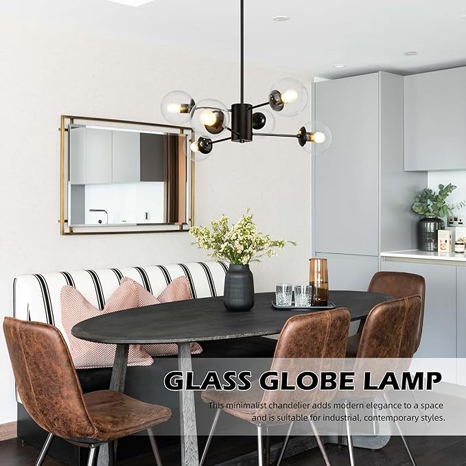 Bagood 6-Light Globe Sputnik Chandelier Modern Black Sputnik Chandelier Mid Century Pendant Light Matte Black Finished with Clear Globe Glass Lampshade Chandeliers for Dining Room Kitchen