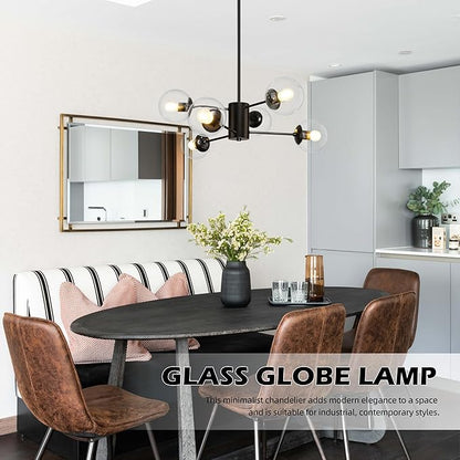Bagood 6-Light Globe Sputnik Chandelier Modern Black Sputnik Chandelier Mid Century Pendant Light Matte Black Finished with Clear Globe Glass Lampshade Chandeliers for Dining Room Kitchen