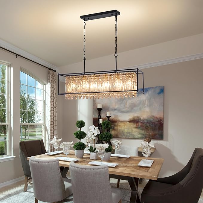 Crystal Chandeliers for Dining Room, Modern Black Chandelier for Living Room, Adjustable Height, 6-Light Pendant Light Fixture, 42 in Large Rectangle Lighting for Kitchen Island Living Room