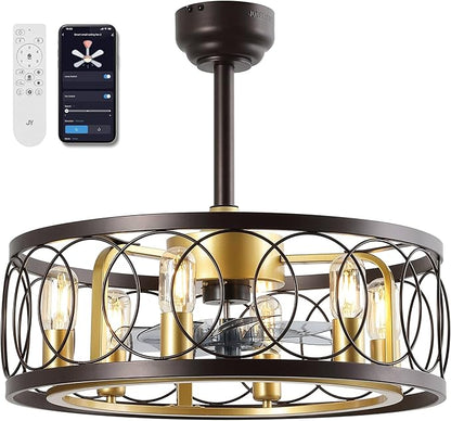 JONATHAN Y 21.6" Oil Rubbed Bronze/Gold Painting Caged Ceiling Fan with Lights, 6-Speed Industrial Farmhouse Flush Mount Fan with Remote and App Control, Metal Cage Shade, 6 LED Bulbs (JYL9732B)