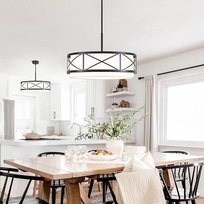 19.7'' Modern Drum Chandelier, 5-Light Round Chandeliers for Dining Room Farmhouse Pendant Light with White Fabric Shade for Kitchen Living Room Entryway Bedroom (Black)