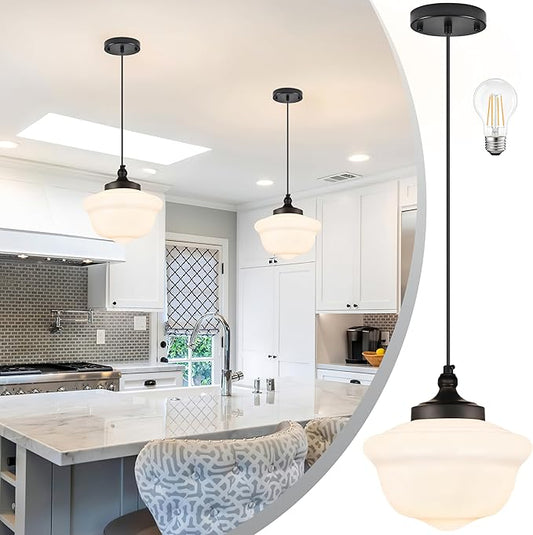 Bagood 10" Black Schoolhouse Light Fixture Milk Glass Pendant Light Schoolhouse Pendant Light Milk Glass Light Fixture Mid Century Modern Ceiling Light for Bedroom Bathroom Kitchen Island (Bulb Incl)
