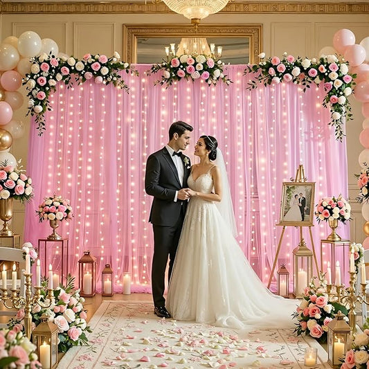 10ft×15ft Pink Tulle Backdrop Curtains with Lights String for Parites Pink Sheer Backdrop Curtains for Baby Shower Girls Birthday Party Wedding Bridal Shower Photo Shoot Background 2 Panels 5×15ft