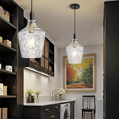 Modern Hammered Glass Pendant Lighting for Kitchen Island 1 Pack, Farmhouse Black and Gold Pendant Light Fixtures, Height Adjustable Ceiling Pendant Light, 8 Inch