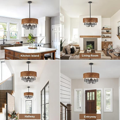 Farmhouse Drum Chandelier for Dining Room, 18" Rustic Black Chandelier with Wood Grain Finish, 6-Light Round Drum Hanging Chandelier Light Fixture for Entryway, Foyer, Living Room, Kitchen, Bedroom