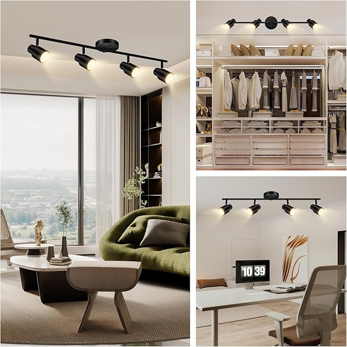 BoostArea LED 4 Light Track Lighting Kit,4 Way Industrial Ceiling Spot Lighting, Flexibly Rotatable Light Head for Kitchen, Living Room, Bedroom, Black,GU10 Bulb Not Included