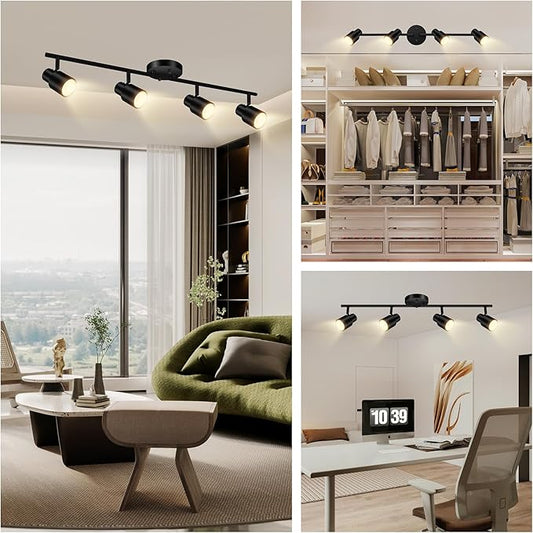 BoostArea LED 4 Light Track Lighting Kit,4 Way Industrial Ceiling Spot Lighting, Flexibly Rotatable Light Head for Kitchen, Living Room, Bedroom, Black,GU10 Bulb Not Included