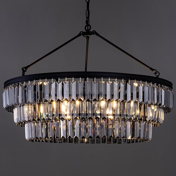 TOCHIC Farmhouse Crystal Chandelier, 29" Black Crystal Dining Living Room Chandelier Light Fixtures, 6 Lights Modern Foyer Hanging Chandeliers for Entryway, Bedroom, Kitchen, Stairway, Smoke Grey
