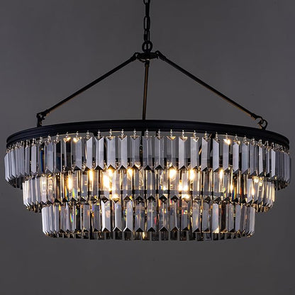 TOCHIC Farmhouse Crystal Chandelier, 29" Black Crystal Dining Living Room Chandelier Light Fixtures, 6 Lights Modern Foyer Hanging Chandeliers for Entryway, Bedroom, Kitchen, Stairway, Smoke Grey