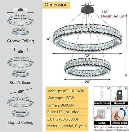 2 Rings Crystal Chandeliers for Dining Room for Living Room Bedroom High Ceiling Light Fixture LED Dimmable with Remote Ring Lights Black