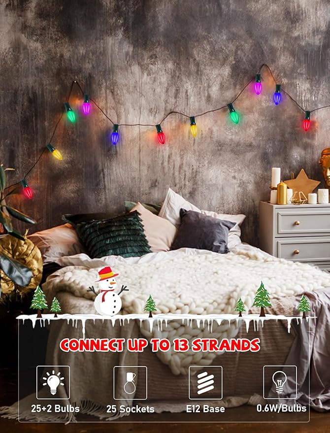 C7 LED Christmas Lights, 25Ft Vintage C7 Christmas Lights with 27 LED Clear Multicolor Bulbs, Hanging Connectable Xmas String Light for Patio Garden Holiday Home Xmas Decor
