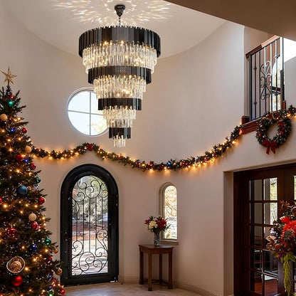 11-Tier K9 Crystal Chandelier, 32" Modern Black Adjustable Height Pendant Light, Luxury Round Chandeliers for High Ceiling, Foyer, Staircase, Entryway, Two-Story Living Room