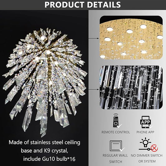 D40'' x H120'' Crystal Chandelier High Ceiling Chandeliers for Entryway Large Raindrop Chandeliers LED Dimmable Flush Mount Light Fixtures for Staircaes Foyer Hallway Living Room Bulbs Included Gold