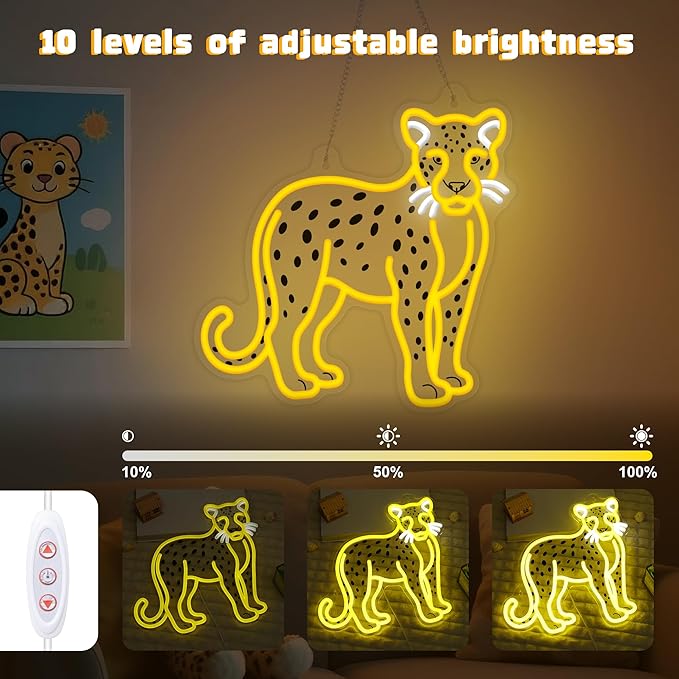 OkiyiD Cheetah Neon Sign, Cheetah Wall Art Decor Gifts with USB Power Wild Animal Themed Decor for Bedroom, Office, Game Room and Bar, Creates Vibrant Jungle Safari Ambient Lighting