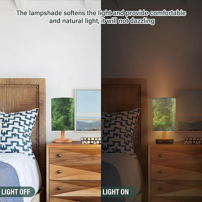 Green Bamboo Field Forest Botanical Print Table Lamp with Wood Base Fabric Lamp Shade Bedside Nightstand Desk Lamp for Living Room Bedroom Kids Room Office