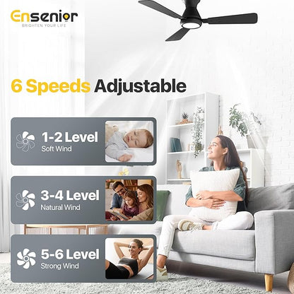 Ensenior 42 Inch Flush Mount Ceiling Fan with Light and Remote, Low Profile Ceiling Fans with Lights, 3 Blades (Black/Wood), Quiet DC Motor, 6 Speeds, 3 Color, Memory Function, Fan for Bedroom, Black