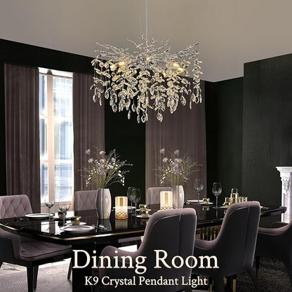 Benkut Modern Tree Branch Crystal Chandelier 23.6" Silver Crystal Dining Room Chandeliers 8-Light Luxury Pendant Lighting for Kitchen Bedroom Living Room