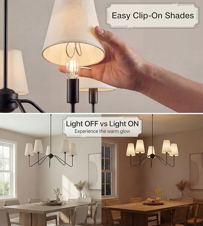 Electro bp;30" Dia 5-Arm Classic Chandeliers Matt Black with White Linen Shades,Light Fixture for Dining Room,Living Room,Bedroom,E12,200W;