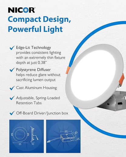 NICOR Lighting Recessed Light Fixtures - IXE 6-in Canless LED Downlight - Dimmable LED Ceiling Light with Edge-Lit Technology - White, 12 Packs