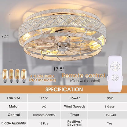 SHIHOT 18 Inch Low Profile Caged Ceiling Fans with Lights Remote Control, White Flush Mount Ceiling Fan, Small Bladeless Ceiling Fan Light Fixture For Bedroom, Kitchen, Reversible(Bulbs not Included)