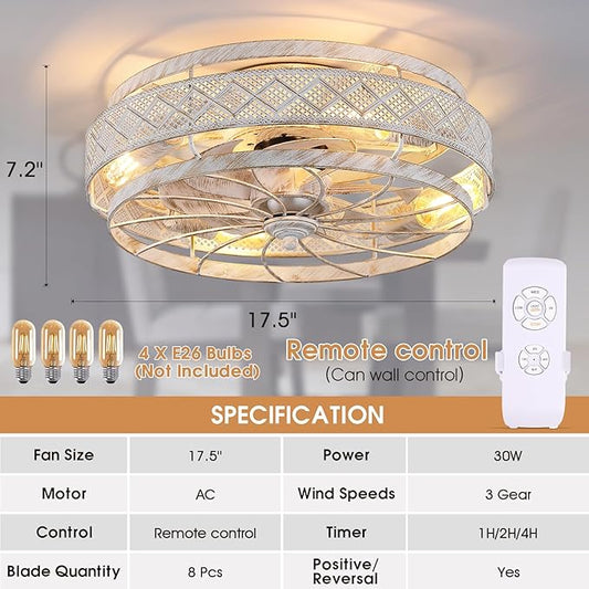 SHIHOT 18 Inch Low Profile Caged Ceiling Fans with Lights Remote Control, White Flush Mount Ceiling Fan, Small Bladeless Ceiling Fan Light Fixture For Bedroom, Kitchen, Reversible(Bulbs not Included)