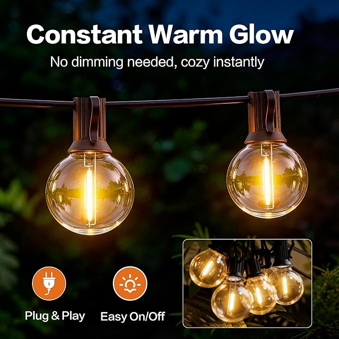 Outdoor String Lights 50FT with 25+2 G40 LED Bulbs, Shatterproof & Waterproof Patio Lights, Connectable Globe String Lights for Backyard Porch Deck Bistro Garden Party
