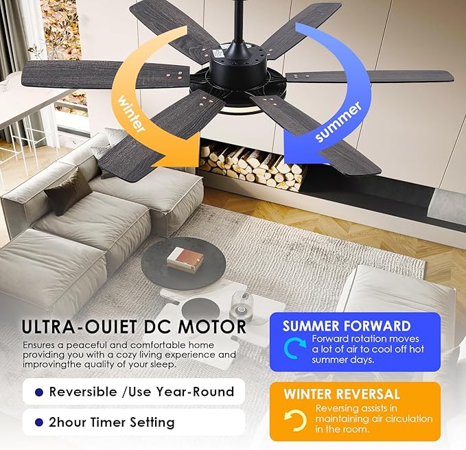 Hounberi Ceiling Fans with Lights, 52 Inch Black Ceiling Fan with Light and Remote Control, 3CCT, 6 Speeds, Quiet Reversible DC Motor, Dimmable, Ceiling Fan for Bedroom, Patio, Living Room