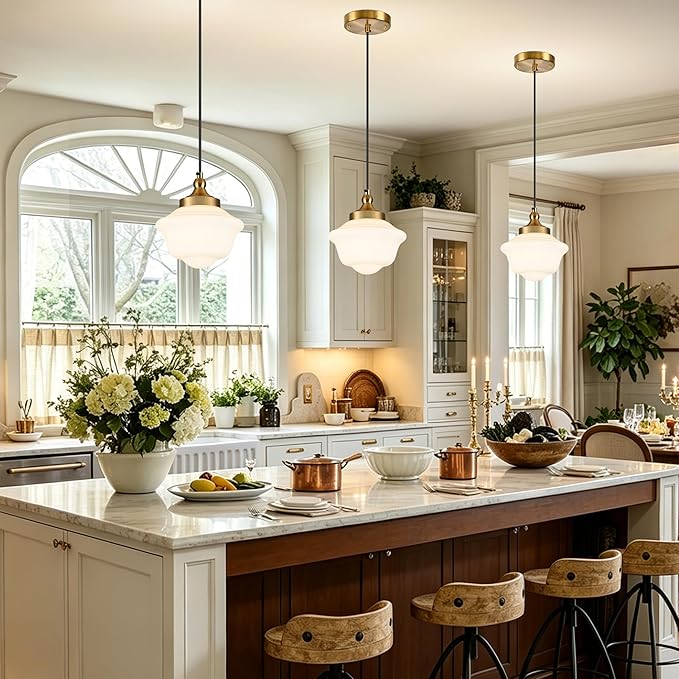 Bagood 8" Gold Schoolhouse Light Fixture Milk Glass Pendant Light Schoolhouse Pendant Light Milk Glass Light Fixture Mid Century Modern Ceiling Light for Bedroom Bathroom Kitchen Island (Bulb Incl.)