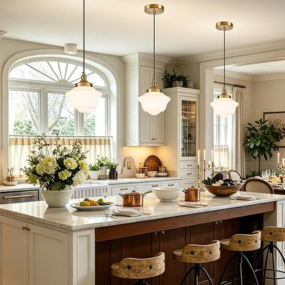Bagood 8" Gold Schoolhouse Light Fixture Milk Glass Pendant Light Schoolhouse Pendant Light Milk Glass Light Fixture Mid Century Modern Ceiling Light for Bedroom Bathroom Kitchen Island (Bulb Incl.)