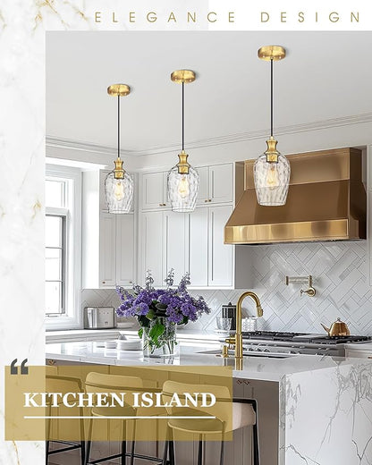 Gold Pendant Lights Kitchen Island, Modern Hanging Lights Fixtures with Hand-Blown Hammered Clear Glass, Farmhouse Brass Kitchen Island Lighting Over Sink, AD-24027-1P-GD