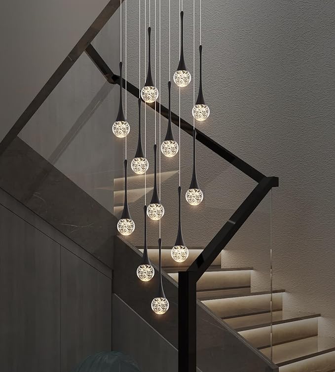 Modern Crystal Staircase Chandelier for High Ceilings, Glam LED Dimmable Pendant Light Living Room Entryway Foyer Chandelier Lighting Fixture Black 12-Lights