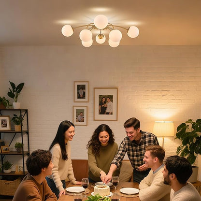 Longree 8-Light Blossom Milk Glass Flush Mount Ceiling Lights Gold and White Sputnik Chandelier, Opal Glass Bubble Starburst Light Fixture for Dining Bedroom Living Entry