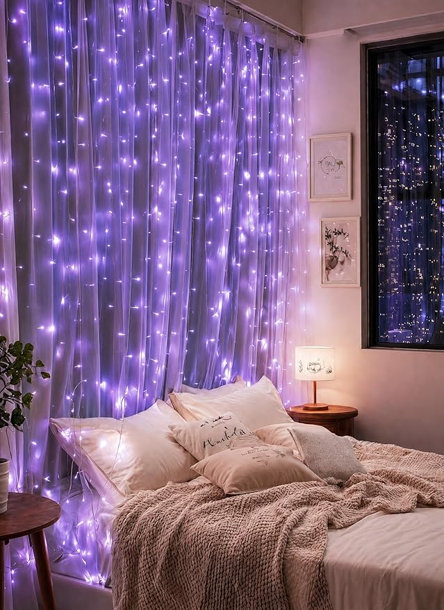 Brightown 300 LED Purple Fairy Curtain Lights, 9.8ft x 9.8ft String Lights, USB Plug in 8 Lighting Modes Christmas String Hanging Lights with Remote for Bedroom Indoor Outdoor Party Xmas Purple 1 Pack