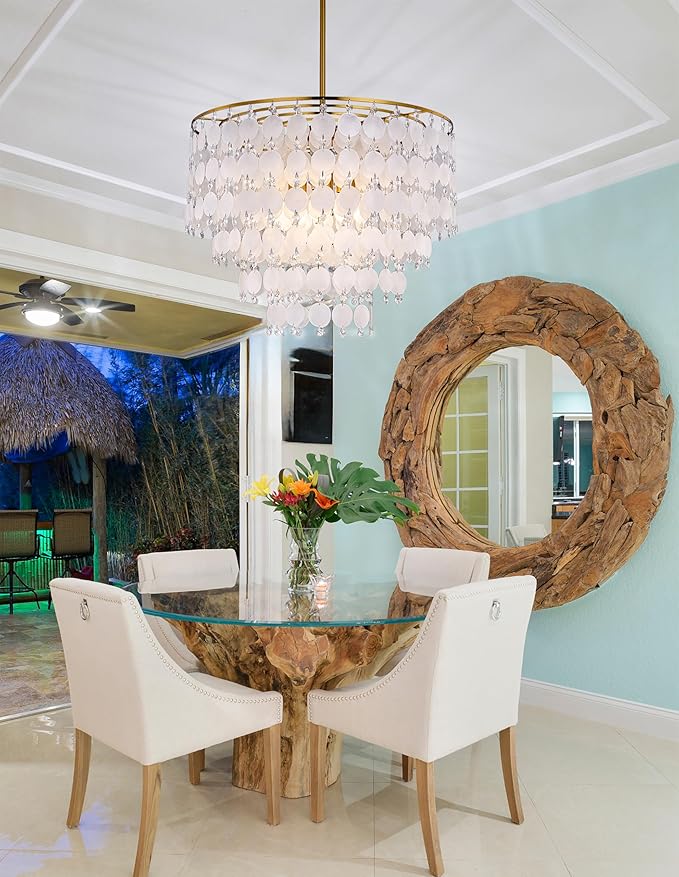 TOCHIC Natural Capiz Shell Chandelier, 6-Light Gold Modern Coastal Chandelier Light Fixture for Dining Room, Hanging Boho Round Beach Shell Pendant Light for Living Room, Bedroom, Kitchen, Foyer, 24"W