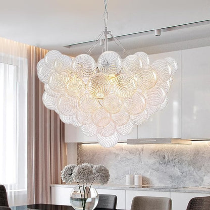 Hand Blown Glass Bubble Ball Chandelier White Finish 24" Pendant Light Fixture Art Deco Cluster Swirled Ribbed Glass Globe Lighting for Bedroom Dining Room Bedroom Bathroom Entry
