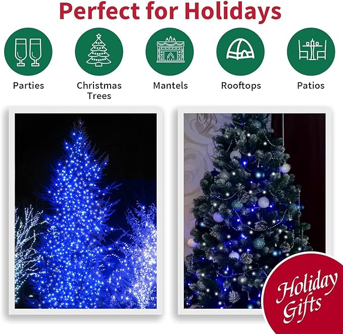 LAMPHOME 66FT 100 LED Blue White String Lights, 16 Modes Plug In Mini Fairy Lights, Waterproof Outdoor Christmas Lights for Hanukkah Xmas Tree Garland Bedroom Ocean Party July 4th Patriotic Decoration