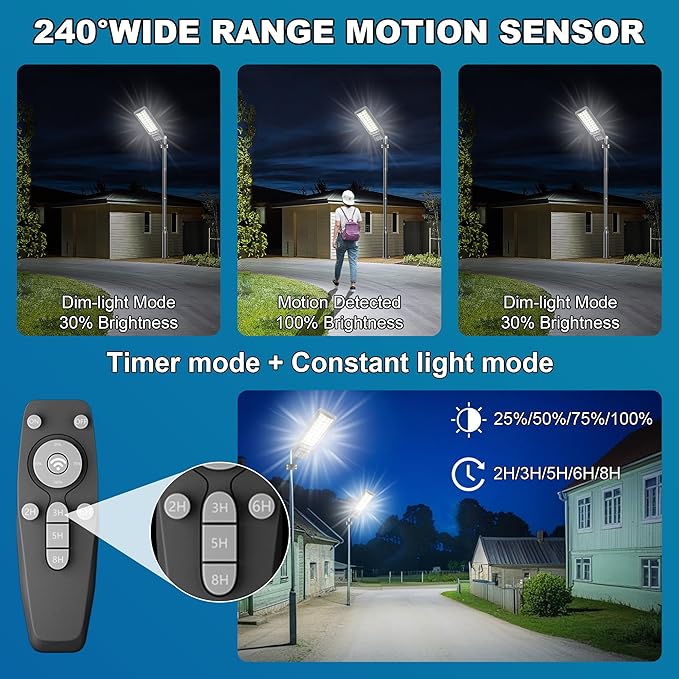 9500W Solar Street Light Outdoor Waterproof, 250000LM Large Commercial Light Solar Powered Dusk to Dawn LED Security Flood Lights with Remote/Motion Sensor, IP67 for Parking Lot/Garden/Yard