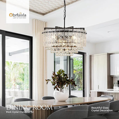 22.2" 10-Light Modern Glass Chandelier Light Fixtures Black 3-Tier Crystal Beads Chandeliers for Dining Room Round Hanging Ceiling Pendant Lighting for Kitchen Island Entryway Foyer Hallway