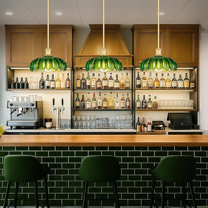FEMILA 10.4" Gold Pendant Light, Vintage Pendant Lighting with Flower Green Glass, Pendant Light for Kitchen Island Bedroom Hotel Living Room, 4FJX82MIL BG-G