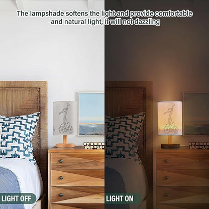 Funny Giraffe in Scarf on Bicycle Cartoon Character on White Table Lamp with Wood Base Fabric Lamp Shade Bedside Nightstand Desk Lamp for Living Room Bedroom Kids Room Office