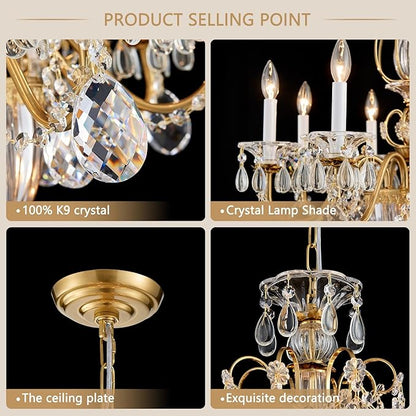 Crystal Chandelier for Dining Room, 8-Light Vintage Brass Chandelier, Pendant Ceiling Light Fixture for Living Room Hallway Entryway Foyer Staircase 30.3" H x 26.8" D