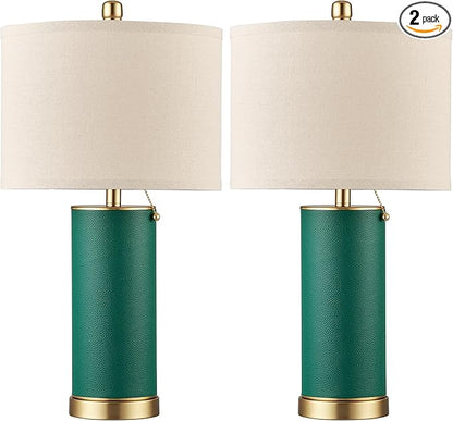 KDG 23.4" Green PU Leather Table Lamps for Living Room Set of 2, E26 Socket Modern Home Decor Fabric Lampshade Desk Lamp Lighitng for Bedroom, Bedside, Farmhouse, Nightstand, Night Light