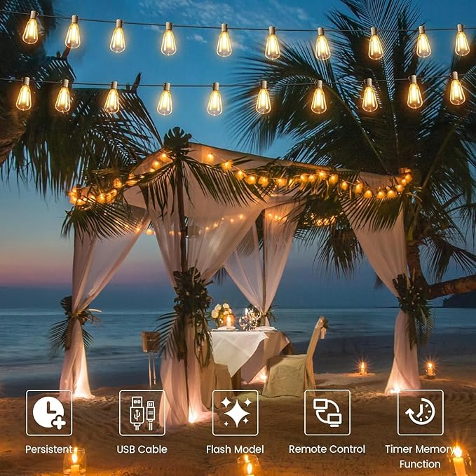 OHLUX 120FT Solar String Lights Outdoor with Remote, 2200K Soft Warm Patio Lights with 52 Shatterproof Tear-Drop LED Filament ST38 Bulbs, Dimmable Outside Edison Hanging Light for Backyard Deck Roof